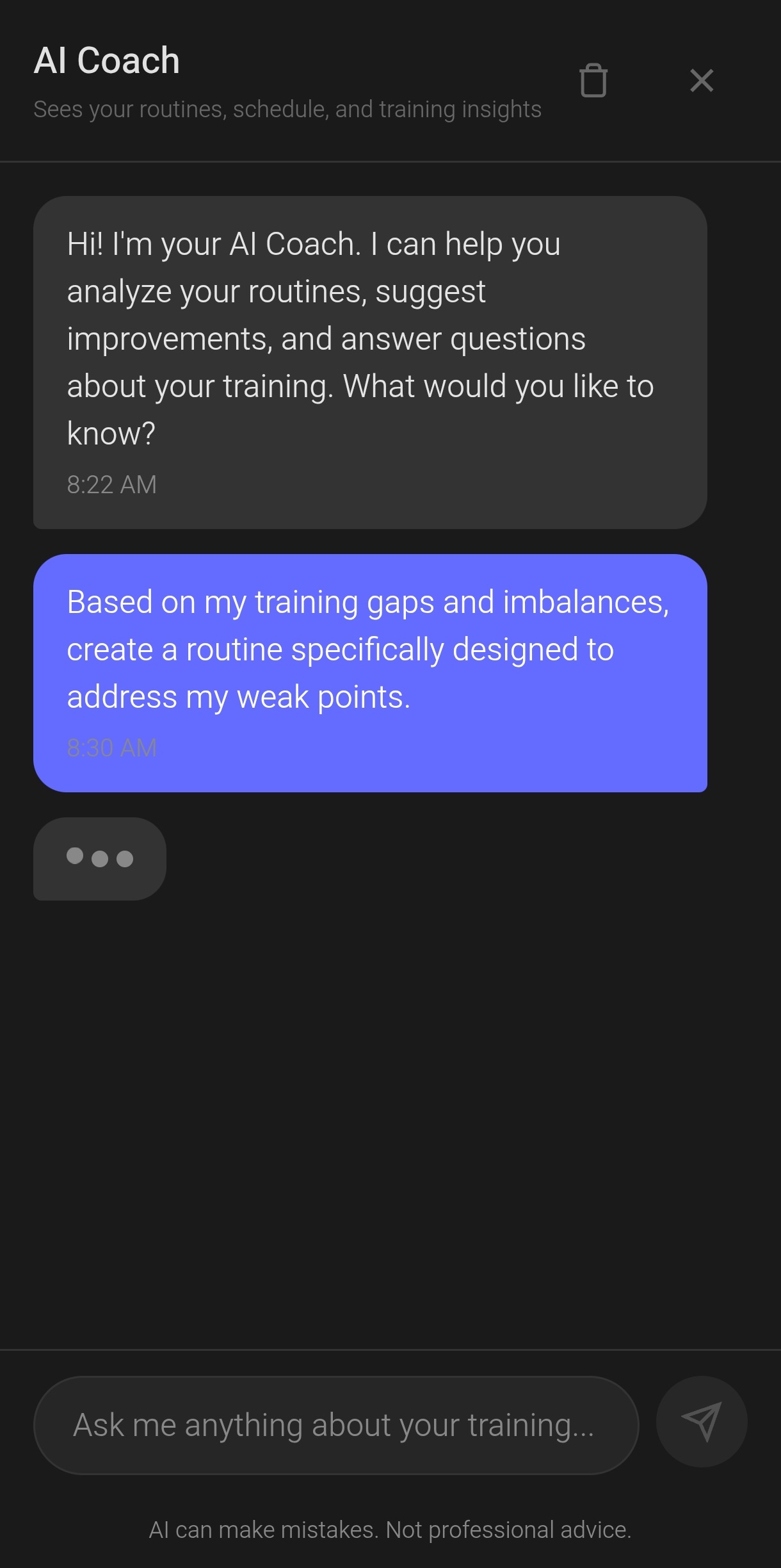 AI Coach chat interface providing personalized training advice
