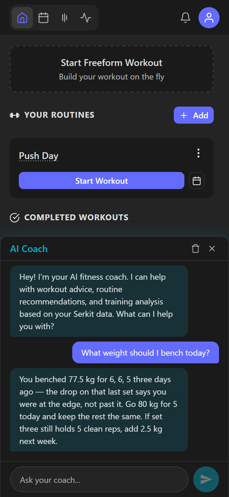 AI Coach chat interface providing personalized training advice