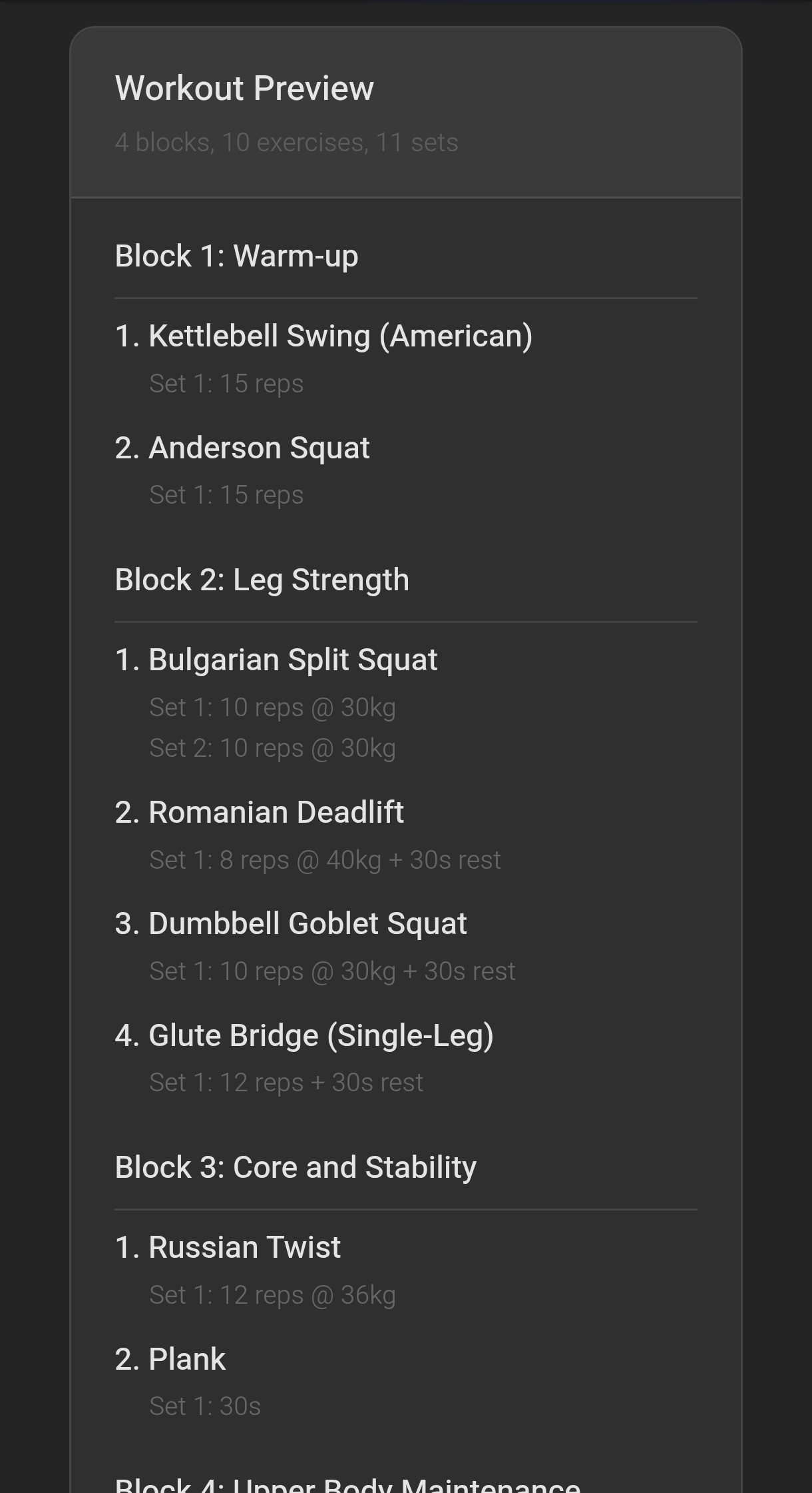 Workout preview showing blocks, rounds, and exercises organized in a routine