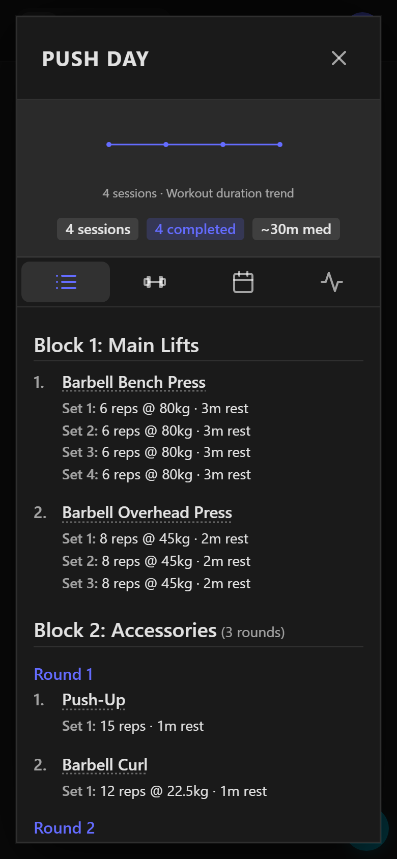Workout preview showing blocks, rounds, and exercises organized in a routine