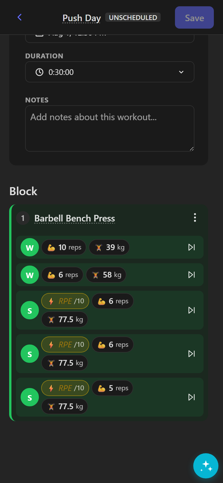 Exercise stats showing last workout data, best set, and progress history