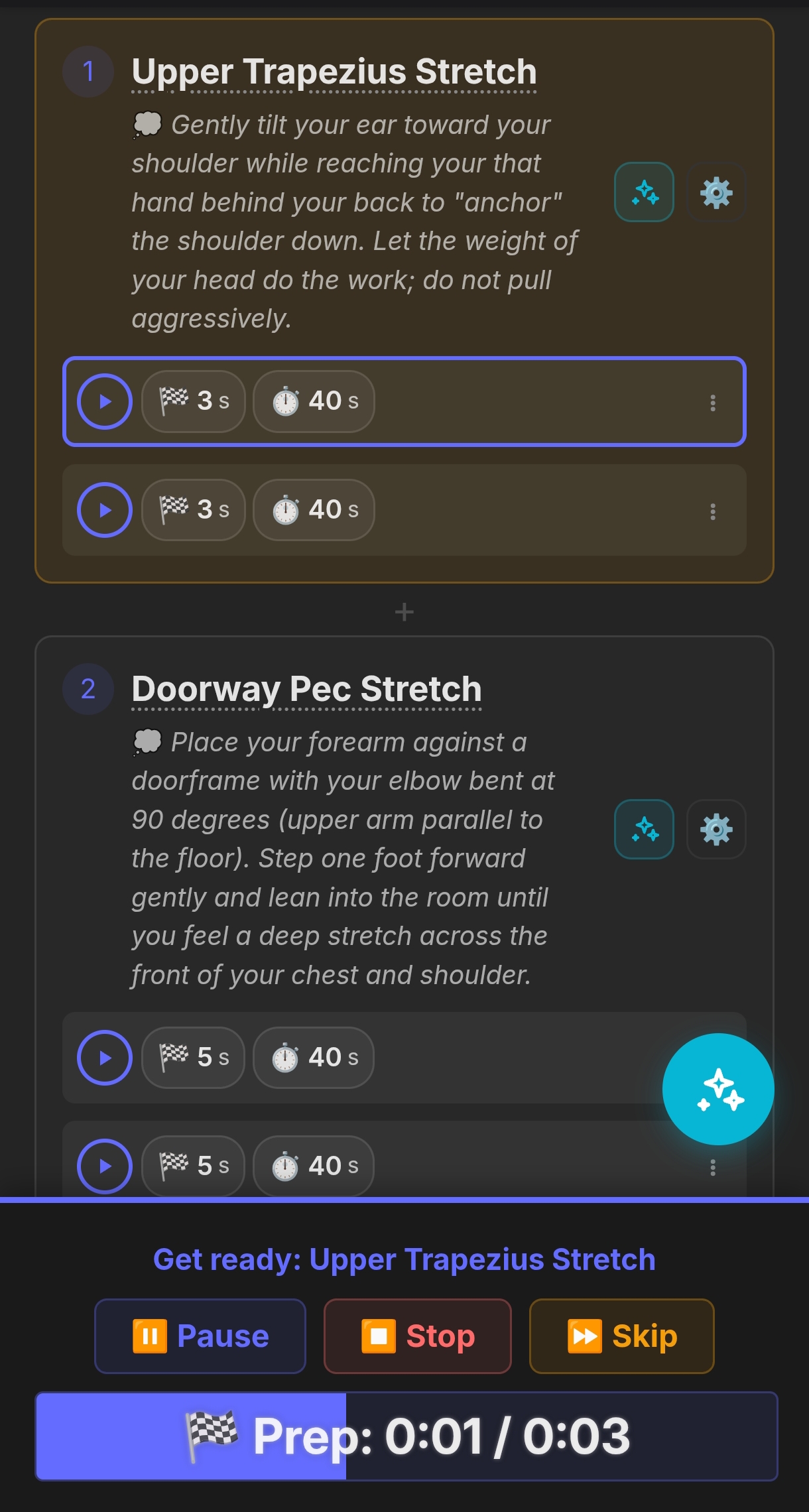 Smart timer showing prep countdown and timed exercises with auto-progression