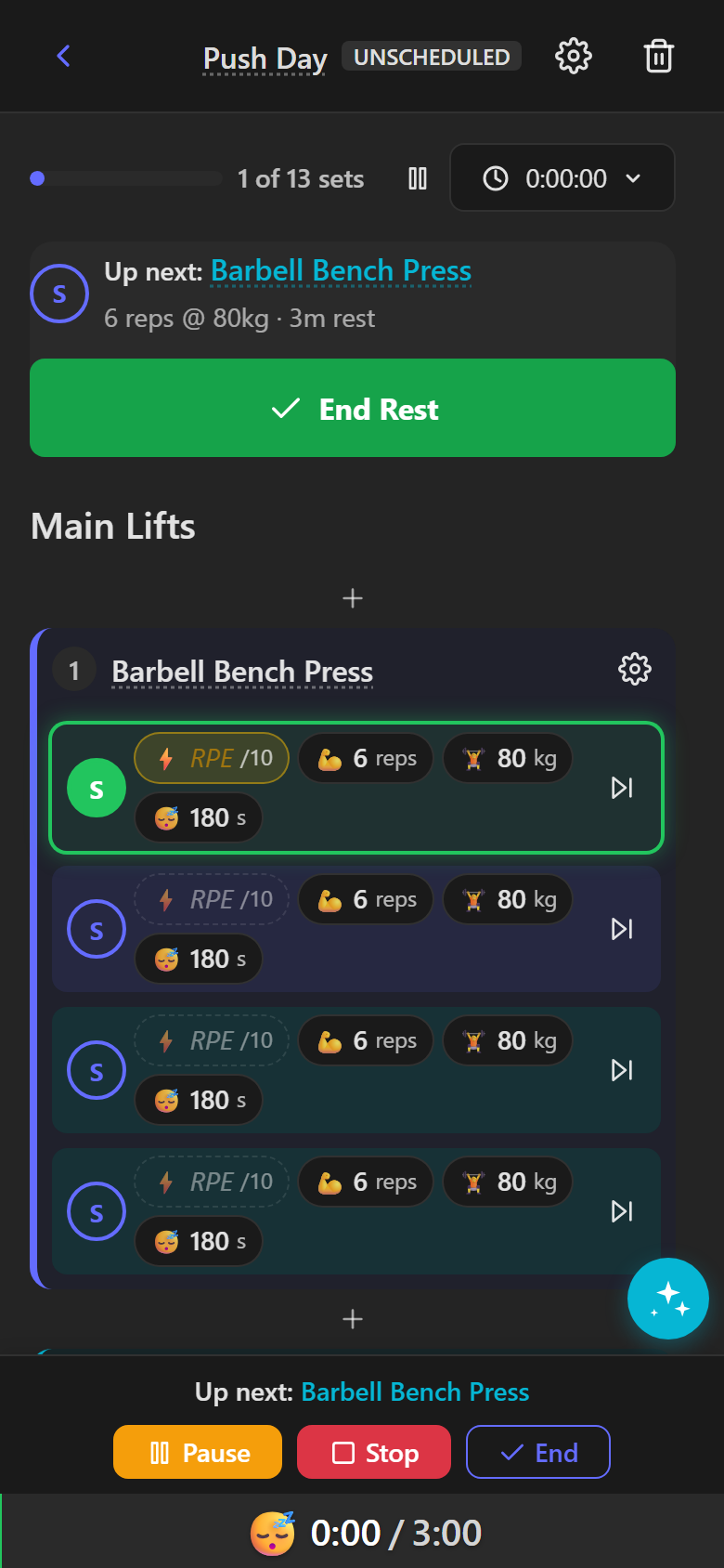 Smart timer showing prep countdown and timed exercises with auto-progression